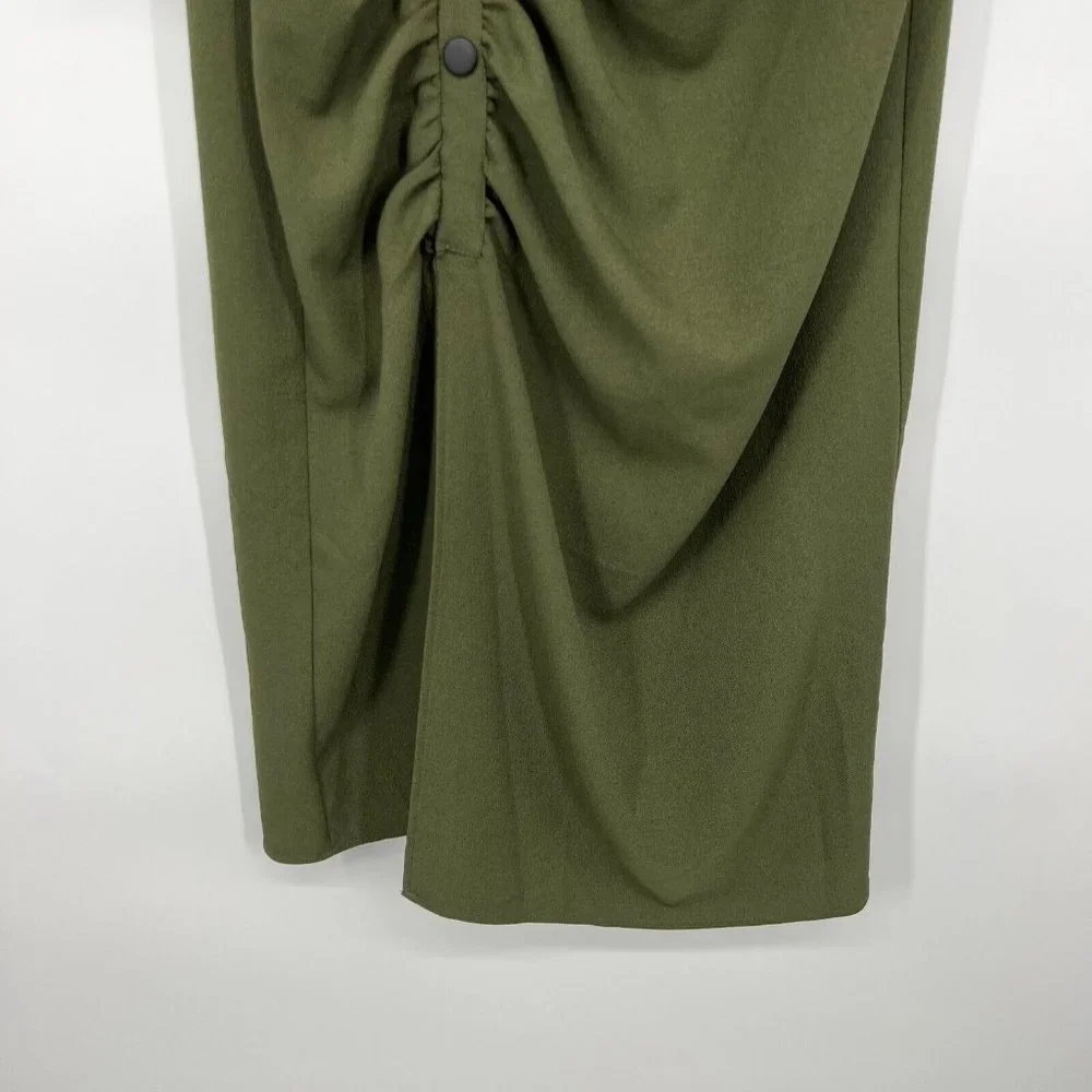 Zara Dress Green Button Front Crepe Long Sleeve Draped Midi - Picture 5 of 11